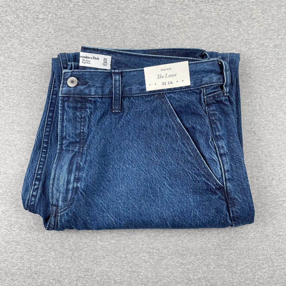 NWT Abercrombie & Fitch High Rise Loose Jeans Womens 32 / 14 Long Blue Dark Wash